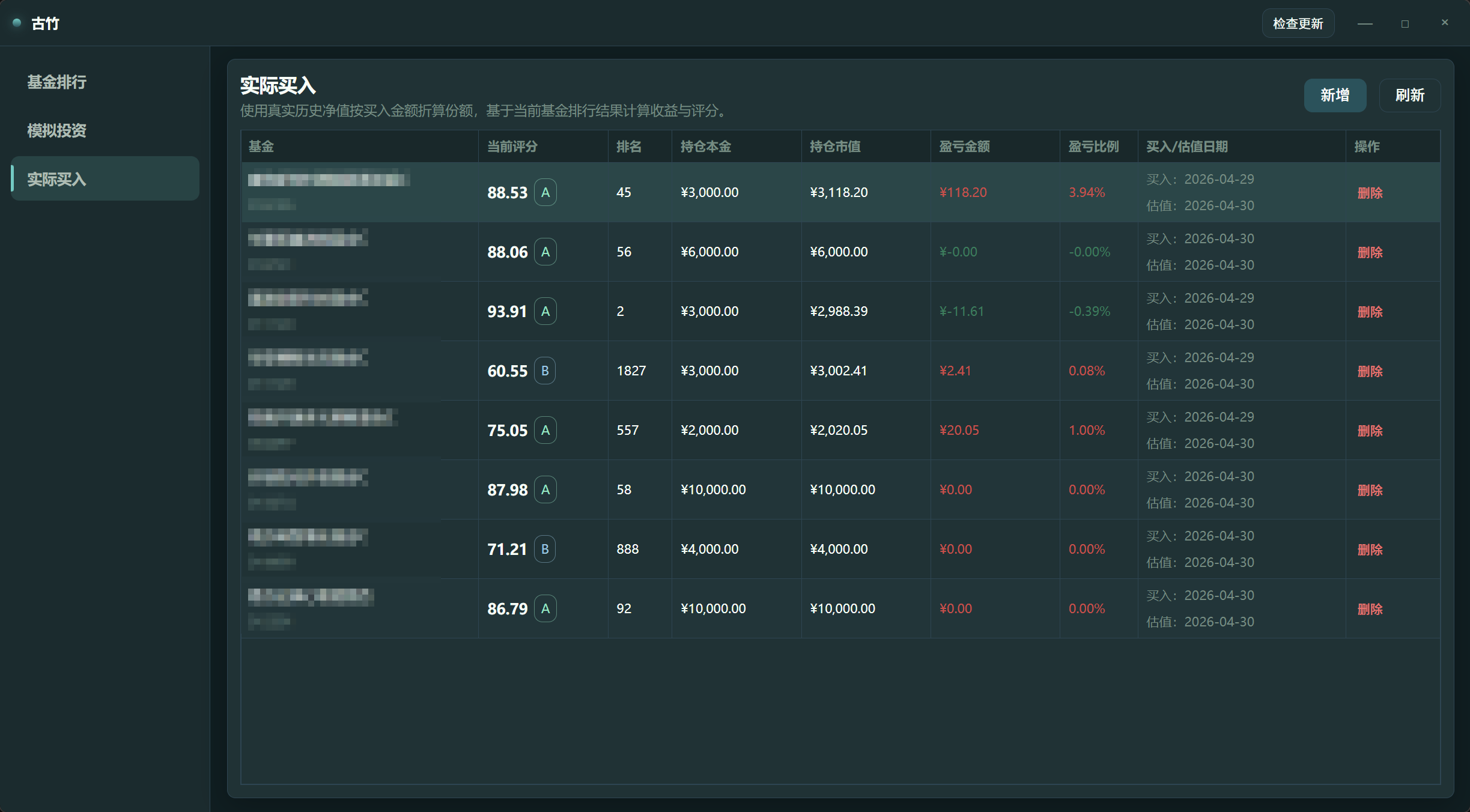 古竹软件实际买入页面：记录持仓并跟踪每日收益与评分排名